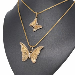 14K Solid Gold, Pave Set Diamonds, Textured Shiny Gold, Diamond Butterfly Charm Pendant