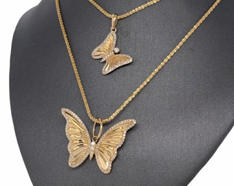 14K Solid Gold, Pave Set Diamonds, Textured Shiny Gold, Diamond Butterfly Charm Pendant