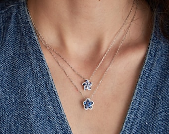 18K Solid White Gold Diamond and Sapphire Flower Charm Necklace, Diamonds, Blue Sapphire, Charm Necklace, Flower Charm,Dainty Charm Necklace