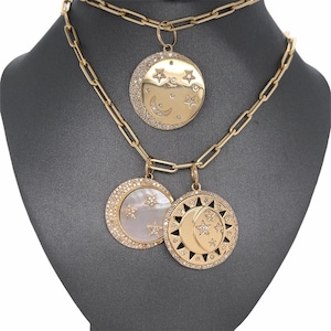 14K Solid Gold, Celestial Collection Pave Diamonds Crescent Moon, Stars Circle Charm Disc Pendant