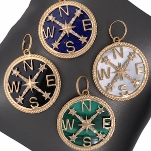 14K Solid Gold, Lionheart Signature 'Axel' Compass, Braided Rim, Pave Set Diamonds, Malachite, Lapis, Mother of Pearl, Onyx Charm Medallion