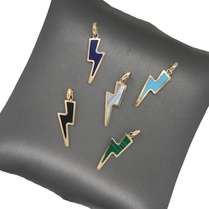 14K Solid Italian Yellow Gold Inlay Lightning Bolt Charm, Lapis Lazuli, Mother of Pearl, Malachite, Turquoise, Onyx, Inlay Gemstone Pendants
