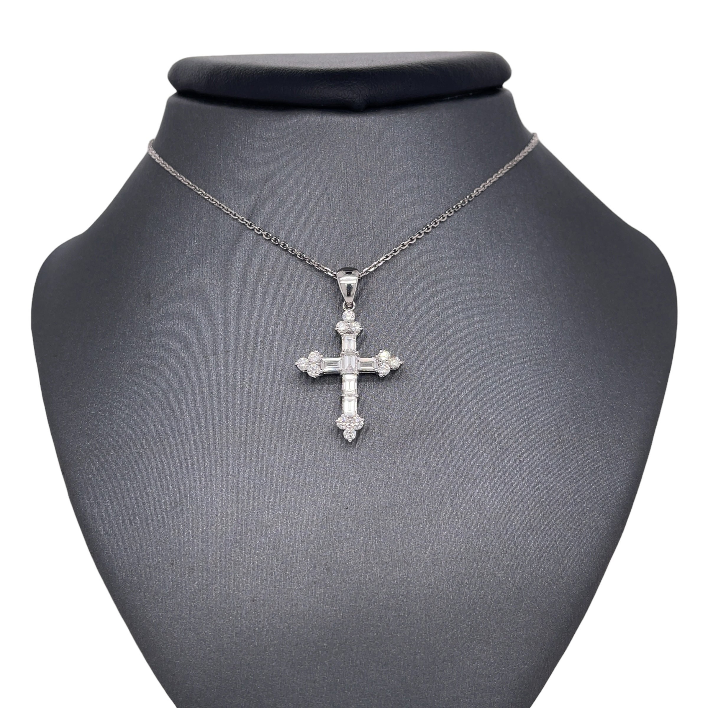 14K White Gold Diamond Cross Pendant, Diamonds, Baguette Diamonds, Brilliant Cut Diamonds, Prong Set Diamond, Diamond Cross Charm Pendant
