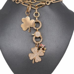 14K Solid Gold, Diamonds, Pave Diamonds, Multi Sapphires, Pave Gemstones, Four Leaf Clover, Lucky Clover Charm Pendant