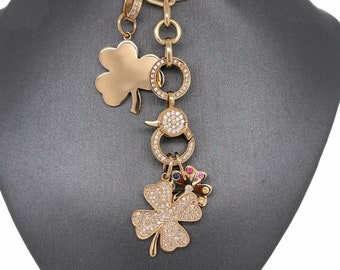 14K Solid Gold, Diamonds, Pave Diamonds, Multi Sapphires, Pave Gemstones, Four Leaf Clover, Lucky Clover Charm Pendant