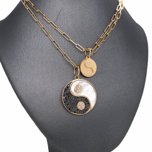 14K Solid Gold Pave set Diamonds, Black Diamonds, Mother of Pearl, Yin Yang Charm Pendants