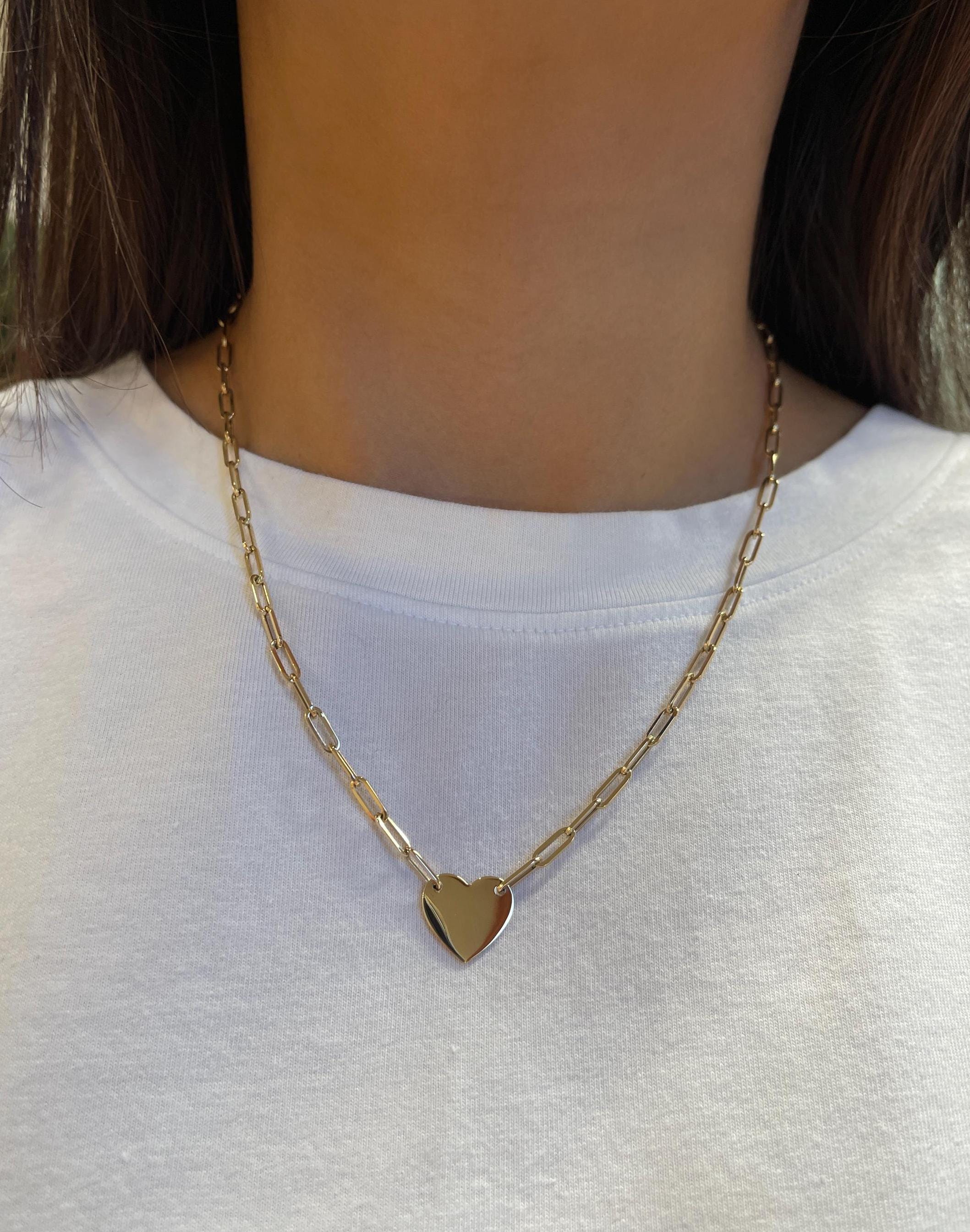 14K Yellow Gold Polished Heart Charm Necklace, Paperclip Chain, Paperclip Link Necklace, High Polished, Heart Charm, Heart Necklace - Etsy 14K Yellow Gold Polished Heart Charm Necklace, Paperclip Chain, Paperclip Link Necklace, High Polished, Heart Charm, Heart Necklace - Etsy