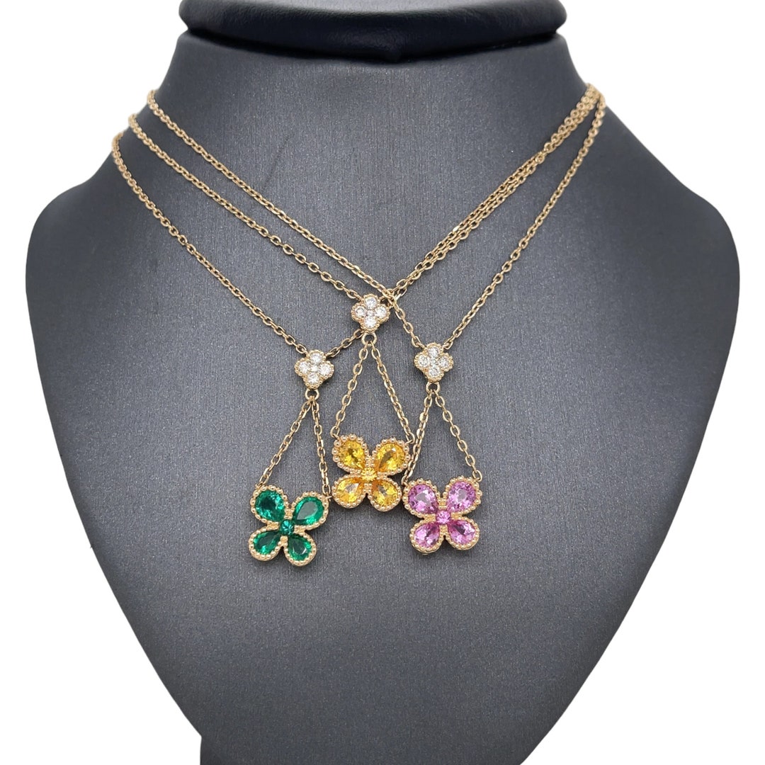 14K Yellow Gold Butterfly Charm Drop Necklace Diamonds Etsy