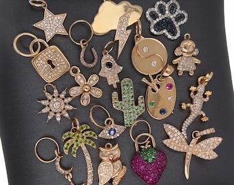 14K Gold Diamond and Gemstone Mini Charm, Diamond Charm, Diamond Pendant, Mini Charm, Cactus, Star, Palm, Hamsa, Lizard, Owl, Mushroom