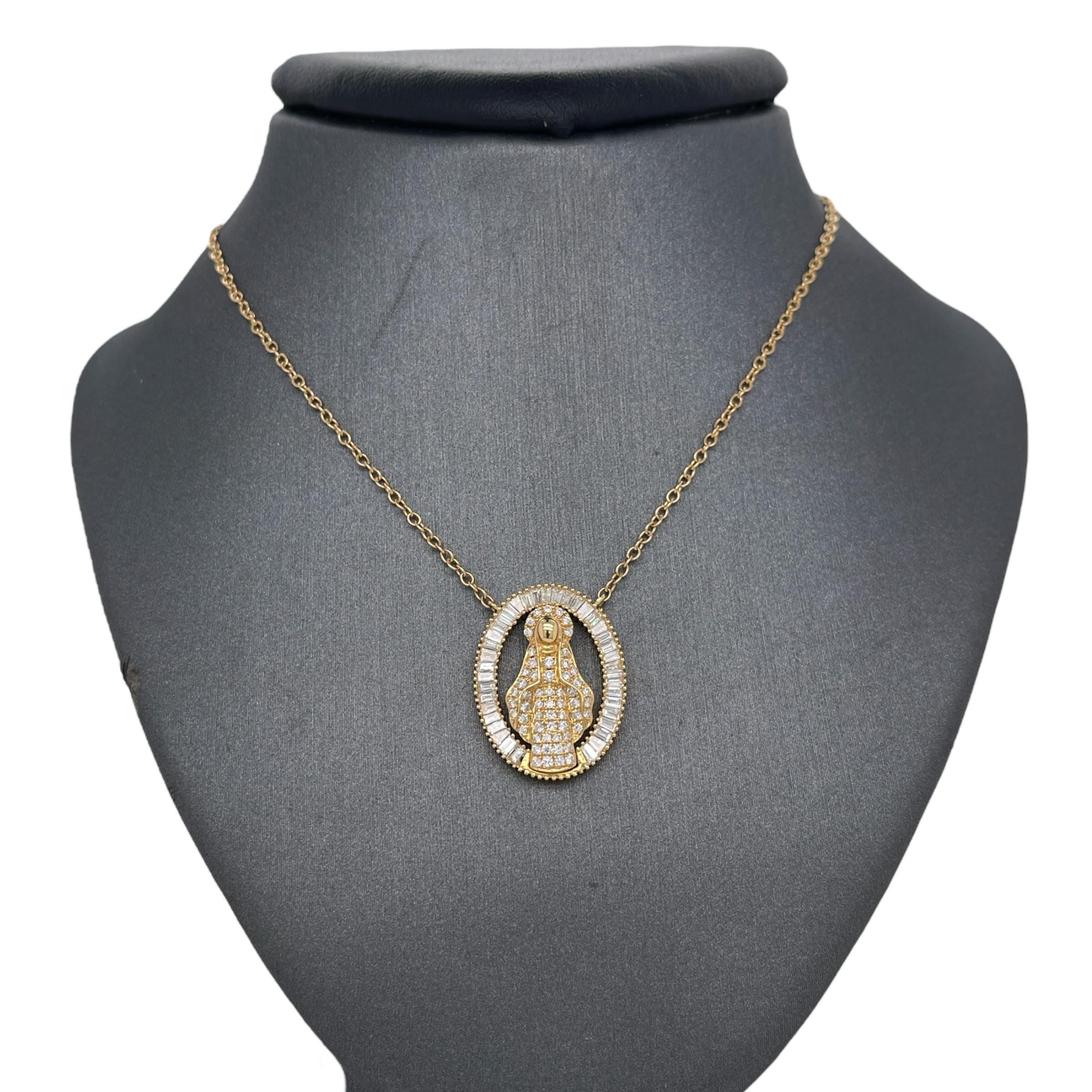 18K Gelbgold Diamant Jungfrau Maria Anhänger Halskette, Baguette Diamanten, religiöse Halskette, Diamanten, Jungfrau Maria Halskette Schmuck