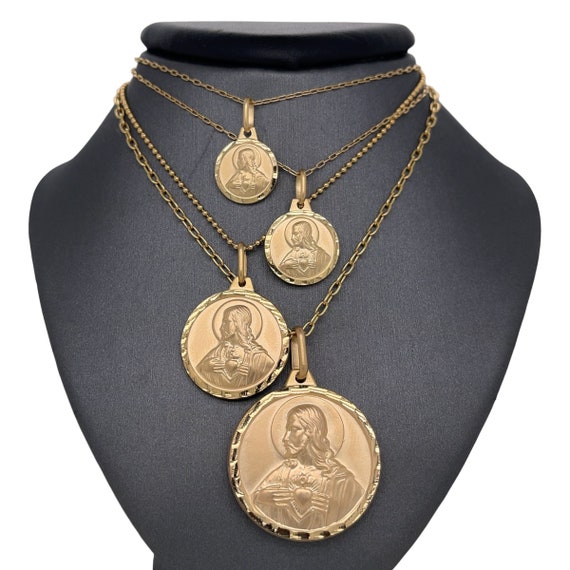 14K Italian Yellow Gold Pendant, Sacred Heart of Jesus Medallion, Lady of Mount Carmel Medallion, Religious Doubled Sided Gold Medallion