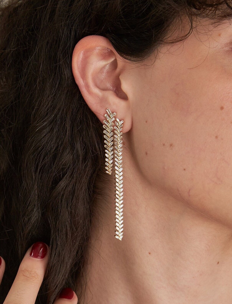 14K Yellow Gold Baguette Diamond Drop Earrings, Baguette Diamonds, Diamond Earrings, Drop Dangle Earrings, Statement Piece Dangle Earrings image 1