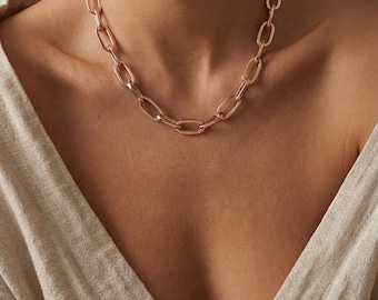 14K Solid Italian Yellow or Rose Gold Oval Large Paperclip Link Chain