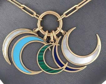 14 K Solid Yellow Gold, Italian Yellow Gold, Gemstone Inlay Charms, Mother of Pearl, Malachite, Lapis, Turquoise Inlay Crescent Moon Charms