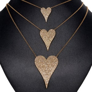 14K Solid Gold, pave set Diamond, elongated Heart Charm Necklace image 4