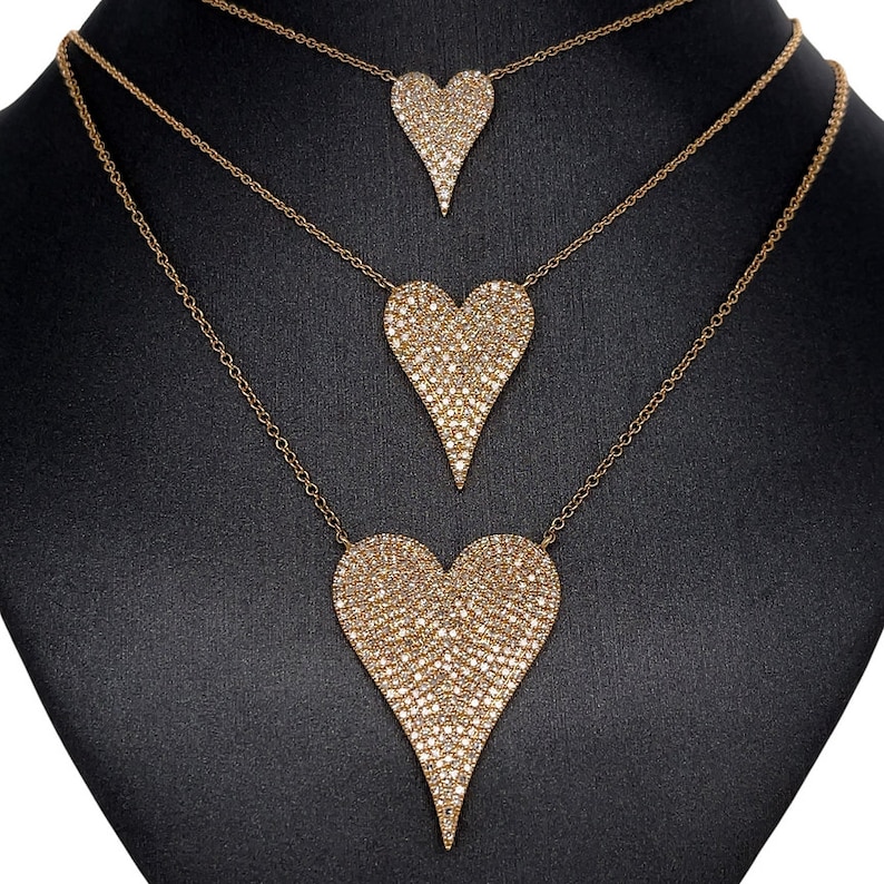 14K Solid Gold, pave set Diamond, elongated Heart Charm Necklace image 4