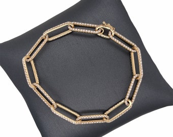14K Solid Gold Paperclip Full Pave Set Diamond Paperclip Open Link Full Diamond Bracelet