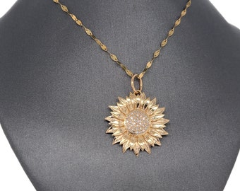 14K Solid Gold, Diamond, Sunflower, Charm Pendant
