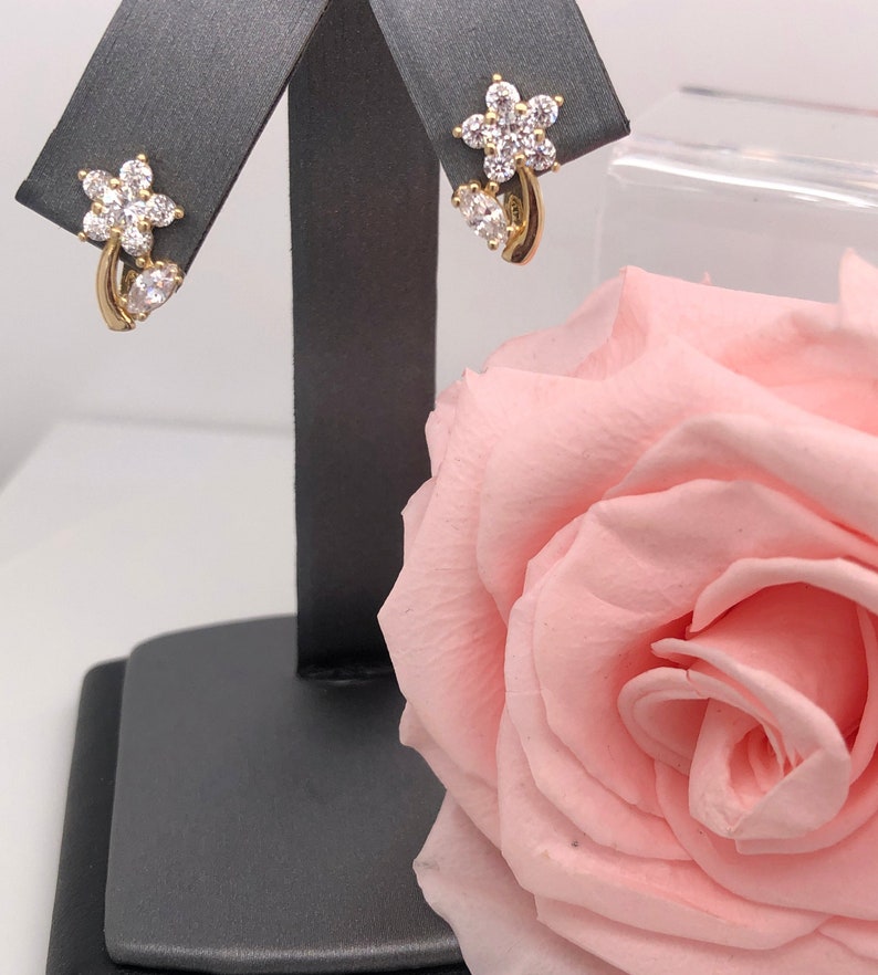 14 K Solid Gold cubic zirconia cz diamonique flower cluster flower stem shape post huggie earrings