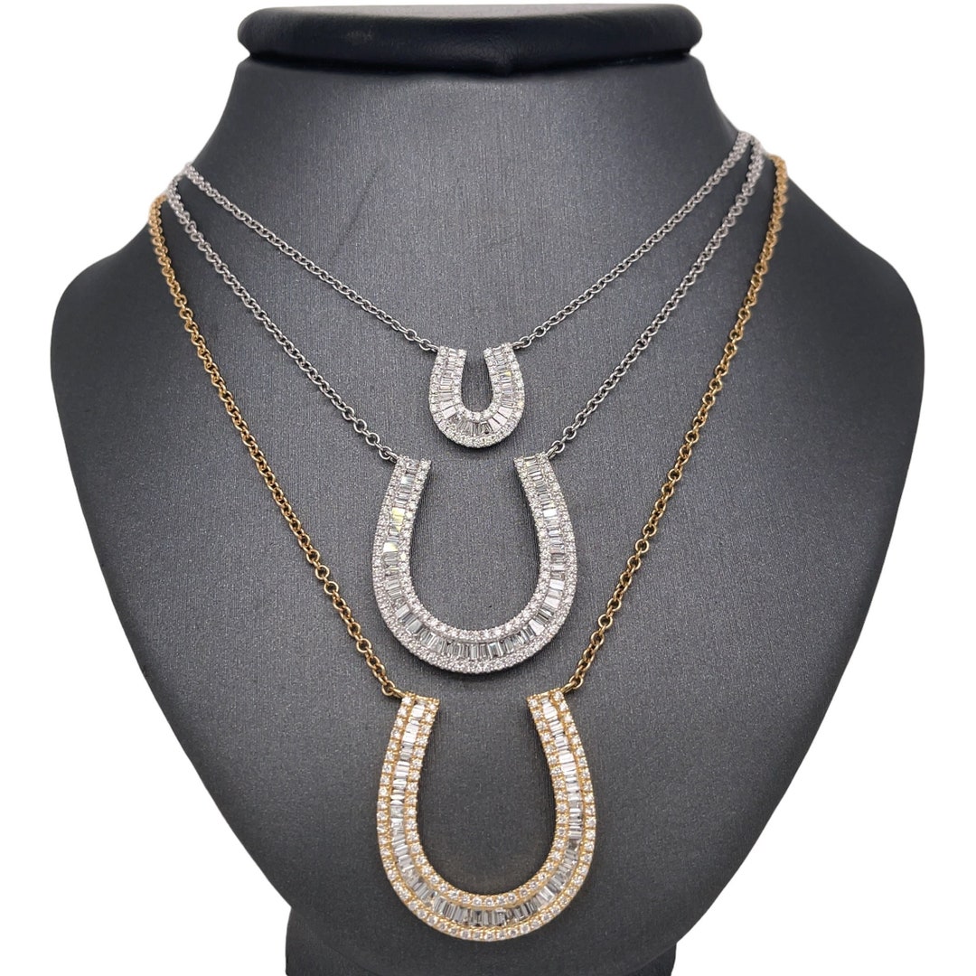 Lionheart™ 18K Solid Gold Diamond Horse Shoe Charm Necklace, Baguette