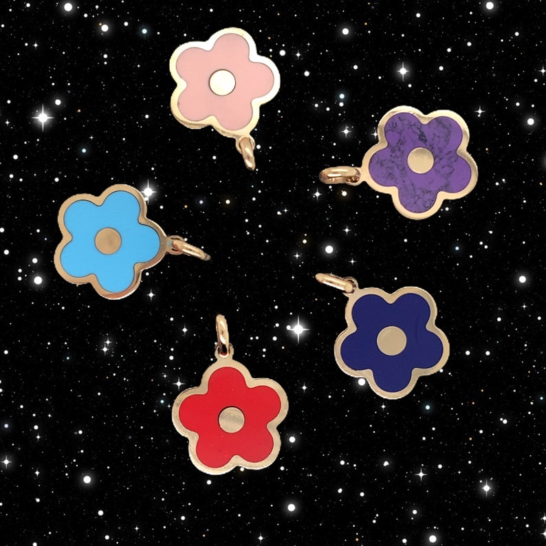 inlay cherry blossom 14K Solid Gold cute flower charm pendants small gemstone coral malachite amethyst turquoise