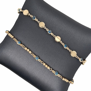 14K Solid Yellow Gold High Polished Design, Diamond Cut Textured Beaded Link, Evil Eye Protection Link Bracelet