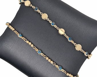 14K Solid Yellow Gold High Polished Design, Diamond Cut Textured Beaded Link, Evil Eye Protection Link Bracelet