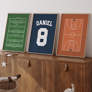 Arte mural deportivo, impresión de campo de fútbol, póster de cancha de baloncesto, nombre y número de camiseta personalizados, decoración mural deportiva, descarga digital