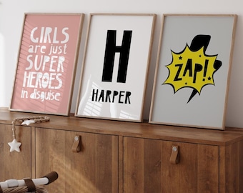 Girl Superhero Art Prints: Custom Name, Initial, Zap! (Digital Download)