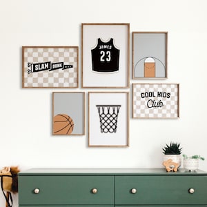 Decoración infantil de baloncesto: Arte de camisetas personalizadas, juego de 6 láminas (descarga digital)