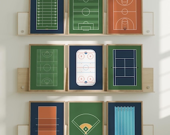 May include: Nine framed art prints featuring stylized illustrations of sports fields, including football, soccer, basketball, hockey, tennis, volleyball, baseball, and swimming. The prints are in various colors, with a wooden frame and a white background.
