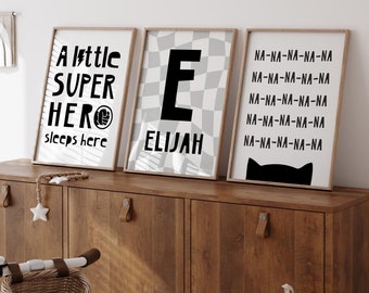 Decoración de habitación infantil de superhéroes: Láminas con nombre personalizadas (descarga digital)
