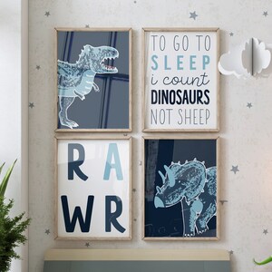 Dinosaur wall art, Blue nursery wall art, Set of 4 printables, Nursery prints, Dino wall art, Nursery wall decor, Boys room decor