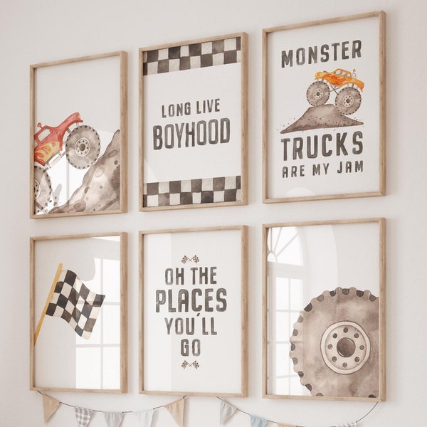 Monster Truck Nursery Prints, Boy Bedroom Wall Art, Set of 6, Monster Trucks Wall Art, Boys Room Decor, Printable Art, Digital Download