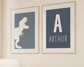 Dinosaur Print Set of Two, Custom Name Nursery Art, Dinosaur Wall Art, Dinosaur Decor, Toddler Boy Print, Personalized Prints