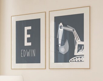 Construction Prints, Custom Name, Excavator Poster, Construction Decor, Toddler Boy Prints, Wall Art Kids Room, Boys Room Wall Decor