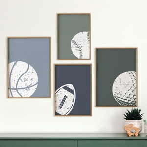 Láminas de pelotas deportivas, juego de 4 pósteres, decoración de pared para niños, arte de pared para niños pequeños, golf, fútbol, baloncesto, béisbol, descarga instantánea