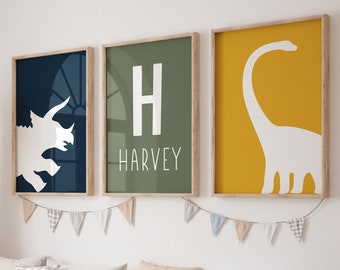 Dinosaur Nursery Decor, Set of 3 Prints, Custom Name Poster, Dinosaur Print, Nursery Wall Art, Dinosaur Decor, Baby Boy Wall Art