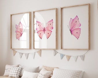 Conjunto de 3 estampados de mariposas rosas, decoración del dormitorio de las niñas, arte de la pared de mariposas, mariposas imprimibles, estampados de mariposas, descarga instantánea