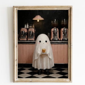 Cute Ghost Coffee Shop Art, Spooky Kawaii Halloween Wall Decor, Cozy Barista Ghost Latte Art, Vintage Ghost Wall Art, Digital Download