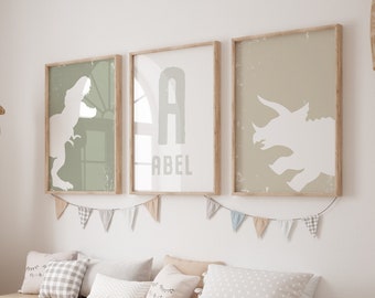 Dinosaur Prints with Retro Effect, Personalized Wall Art, Green & Beige and Gray Shades, T Rex and Triceratops Art, Digital Download