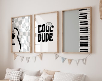 Music Nursery Themed Decor, Guitar, Piano & Cool Dude Prints, Set of 3 Digital Prints, Light Gray Bedroom Decor, Digital Download