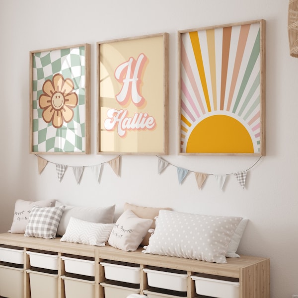 Girls Room Wall Art, Custom Groovy Name, Girl Nursery Decor, Toddler Girl Prints, Checkerboard Art, Girl Bedroom Decor, Digital Download