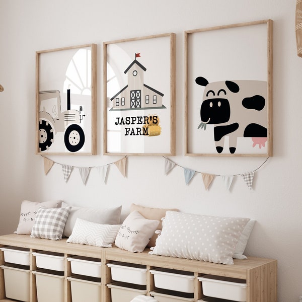 Farm Nursery Wall Art, Custom Name, Neutral Nursery Decor, Barn, Tractor, Cow, Barnyard Baby Nursery, Set of 3 Nursery Printables