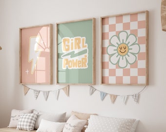 Funky Retro Artwork, Girls Nursery Wall Art, Daisy Poster, Conjunto de 3 impresiones, Girl Power, Girl Room Decor, Groovy Nursery, Descarga instantánea