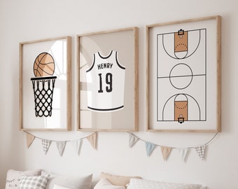 Conjunto de baloncesto de 3 impresiones, decoración de la guardería de baloncesto, nombre personalizado de Jersey, arte de la pared de baloncesto, decoración de la habitación de los niños, descarga digital