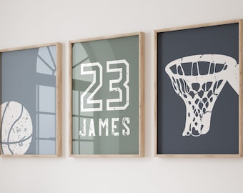 Arte de la pared de baloncesto, impresiones de baloncesto, cartel de baloncesto de nombre personalizado, decoración de la habitación de los niños, arte de la habitación de los niños, conjunto de 3 carteles, descarga digital