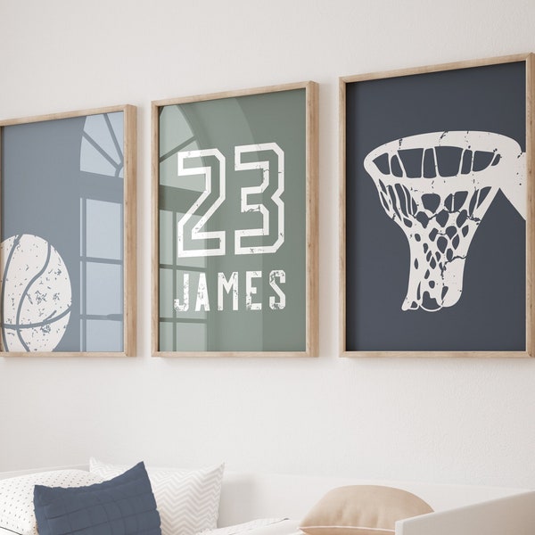 Basketball Wall Art, Basketball Prints, Custom Name Basketball Poster, Boys Room Decor, Kids Room Art, Set of 3 Posters, Digital Download