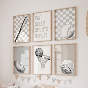 Vintage sportprints: honkbal, voetbal, basketbalkunst (digitale download)