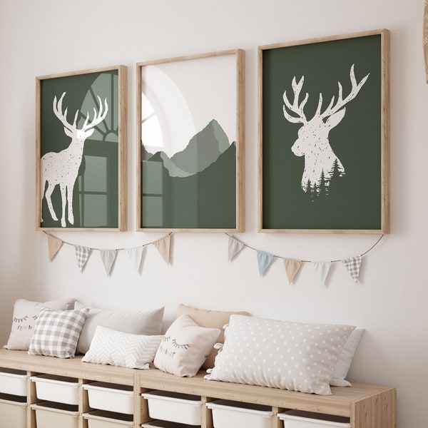 Hirsch Wandbild, Hirsch Kinderzimmer Dekor, Waldkindergarten, grünes Kinderzimmer Dekor, Junge Hirsch Kinderzimmer Dekor, rustikales Kinderzimmer Dekor, 3er-Set Printables